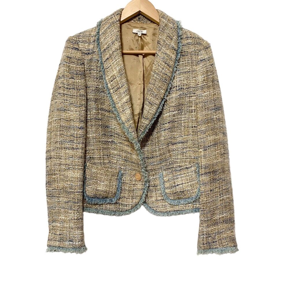 Cache Brown Blue tweed Blazer Jackets Frayed Trim Womens Size 10